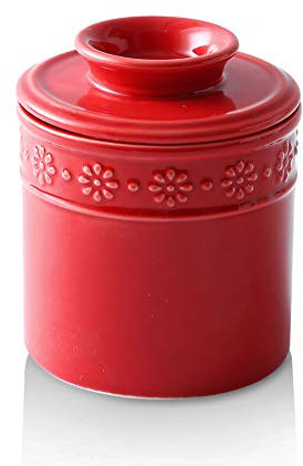 KOOV Ceramic Butter Crock, Butter Keeper for Counter, French Butter Dish Big Capacity, Daisy Series (Red)