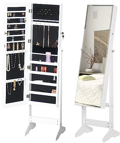 HOMCOM Jewelry Cabinet Standing Mirror Full Length Makeup Lockable Armoire Storage Organizer White