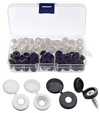 YIXISI 80 Pezzi Tappi Coprivite Incernierato in Plastica, Tappi a Vite Piega per Numero 6/8 Viti, Ripiegabile Coprivite per Mobili, con Scatola di Stoccaggio, Bianca/Nero