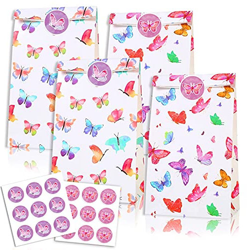 Papiertüten,12 Stück Kindergeburtstag Tüten Geschenktüten Partytüten Schmetterling Mitgebsel Tüten mit 18 Aufkleber,Candy Tüten, Giveaways für Kindergeburtstag,Hochzeit,Party.