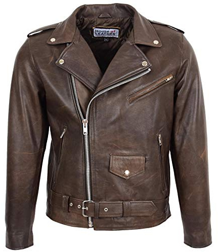 Giacca da motociclista da uomo in vera pelle con cerniera incrociata stile Kyle, Marrone anticato., XL