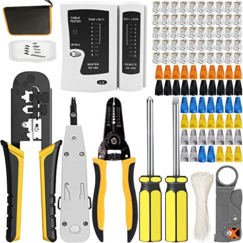 MAYLINE Cirmpatura per Cavi di Rete CAT5 CAT6 RJ45 Strumenti Kit Professionali Manutenzione del Ethernet LAN Tester del Cavo CAT7 Pinza Crimpatrice, Connettori, Puntalini Riparazione(Arancia)