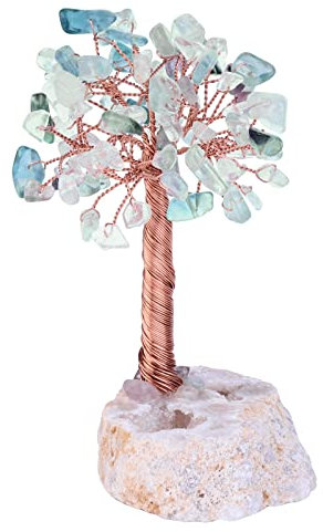 Chuengshing 8,9-11,4 cm Kristall Bonsai Baum des Lebens mit natürlicher Geode Cluster Trommelstein Basis Feng Shui Geldbaum für Reichtum und Glück Fluorit