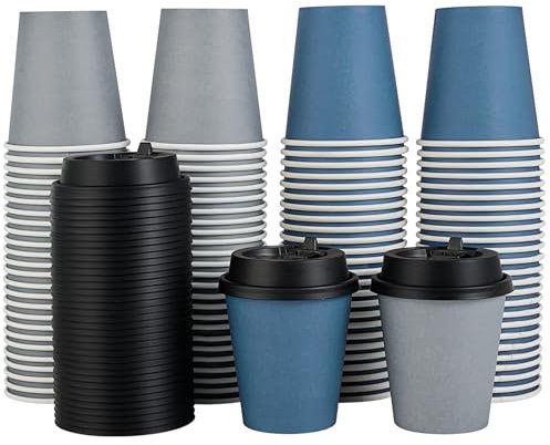 100 Pack 10 oz Paper Coffee Cups,Disposable Coffee Cups with Lids, Drinking Cups for Cold/Hot Coffee, Water, Juice, or Tea. Hot Paper Coffee Cups for Home, Restaurant, Store and Cafe.(Blue and Gray)