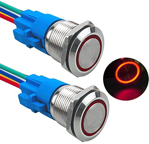 Aiqeer 2 Stück 19 mm Momentan Druckschalter, 12V / 24V 5A Auto Zündung Starter Schalter, IP67 Wasserdichter Edelstahl Druckschalter, mit Vorverdrahteter Steckdose (Rot LED)