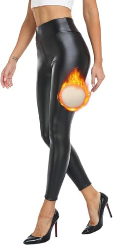 Teemie Leggings Cuero Mujer Leggins Piel Sintética Sexy Push Up Elasticos Pantalones con Forro Polar Cintura Alta Termicos Invierno Negro L