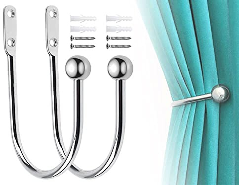 Hitopin 2PCS Metal Curtain Holdback Hooks Decorative Drapery Holdbacks Hooks Round Head U Style Metal Curtain Holdbacks Hooks Wall Mounted Curtain Tie Backs Hooks, for Fixed Curtain (Silvery)