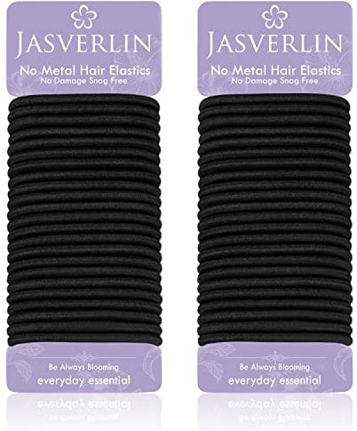 JASVERLIN Black Thick Hair Ties - 5mm Thickness Elastics Ponytail Holders for Women Girls Curly Texture Rubber Bands Durable Stretchy Nylon Hairties for Braids 48 Count
