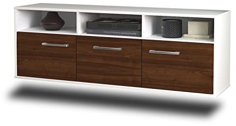 Lqliving TV-Board Lowboard Kansas City, Wandmontiert, Korpus in Weiss matt, Front im Holz-Design Walnuss (136x47x35cm), mit Metall Griffen, Made in Germany