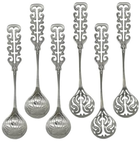 Pinenjoy 6Pcs Vintage Coffee Spoons 18/10(304) Stainless Steel Sugar Stirring Spoon Retro Royal Style Teaspoon with Slotted Design for Dessert Ice Cream Milk Porridge