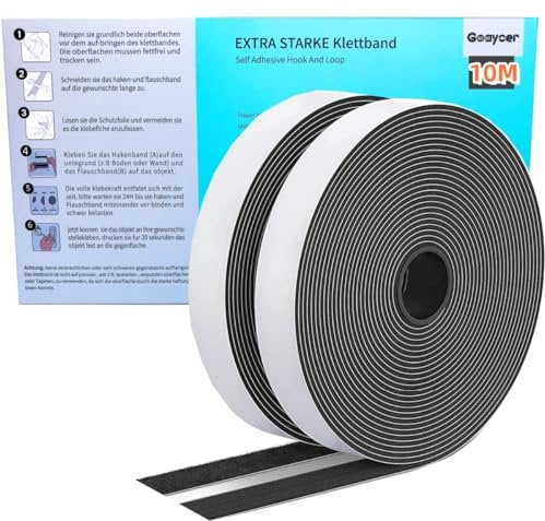 Goaycer Klettband Selbstklebend Extra Stark - 10M x 20mm - Klettverschluss Selbstklebend -Selbstklebendes Klettband (Schwarz)
