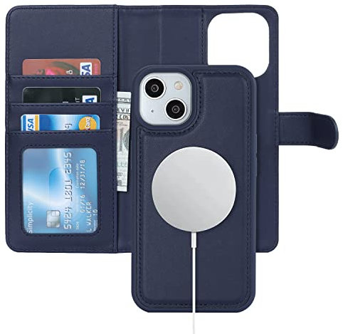 Ｈａｖａｙａ Cover per iPhone 14 Compatible con Magsafe，Custodia iPhone 13 con Porta Carte portafoglio uomo Rimovibile - Blu