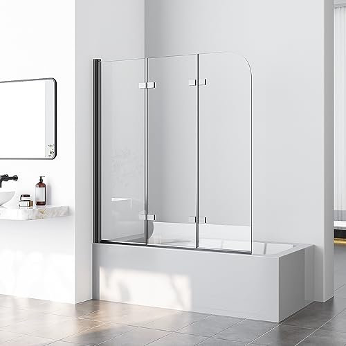 WOWINNE Duschwand für Badewanne, 130x140cm 3-teilig faltbar Duschwand Badewannenaufsatz Badewannenfaltwand Faltwand Duschabtrennung für Badewanne mit 6mm NANO Sicherheitsglas, Matt Schwarz