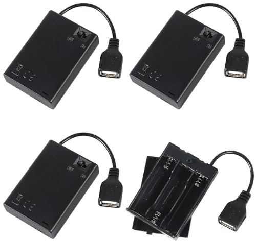 ALAMSCN 4 Stück 1.5V AA Batteriehalter 5V Kunststoff Batteriehalter Gehäuse with USB Buchse und EIN/AUS Schalter und Abdeckung, 3AA + USB