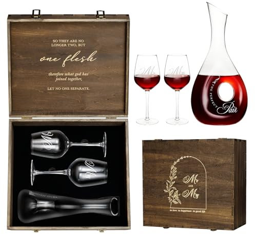 AW BRIDAL Regalos de despedida de soltera, regalos de boda para parejas, recién casados, regalo de compromiso, copas de boda para novia, novio, Mr Mrs, juego de decantador de copas de vino, caja de