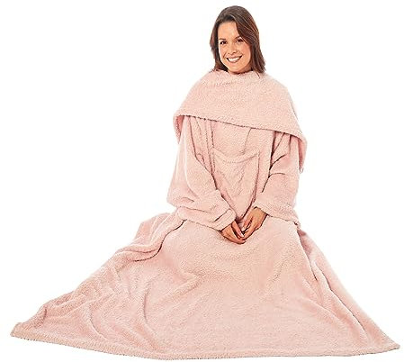 Olivia Rocco Wearable TV Blankets Soft Cosy Fleece Slankets Unisex Women Men Fluffy Plush Throws with Sleeves and Pocket Winter Adults Throw Blanket for Bed Sofa Couch 140x183cm, Blush Pink