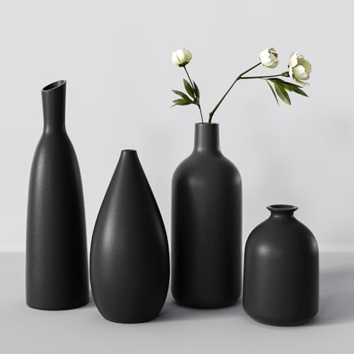 Vasen Keramik 4er Set Schwarz, Blumenvasen Moderne Deko Aesthetic, Vasen für Pampasgras Blumen Tischdeko Tulpenvase Bücherregal Kaminsims Wohnzimmer Schlafzimmer Büro Hochzeit Geschenk