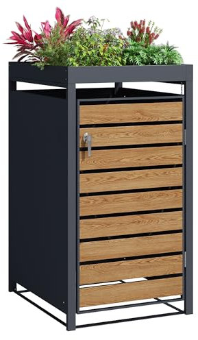 Single Wheelie Bin Steel Storage with Planter Roof - Outdoor Trash Can Storage - Teak Wood Effect - Size 80D x 68W x 124H Centimetres