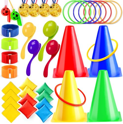 Chennyfun Garden Outdoor Games Play for Kids & Adults, Family Summer Games Egg and Spoon Race Ring Toss Bean Bag Toss Legged Race Bands Outdoor Activity Birthday Party Supplies with Wonderful Gift Box