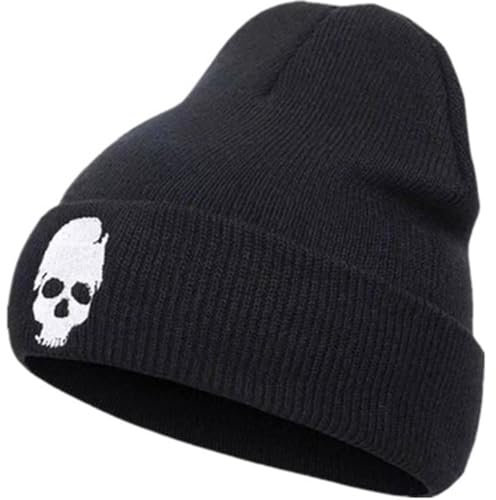 RALSPEC Black Mens Beanie Hat w Skull Skeleton Logo Warm Winter Wool Knit Headwear Goth Gothic Punk