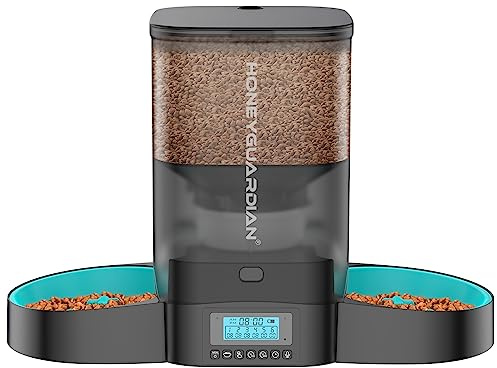 HoneyGuaridan Automatic Cat Feeder for 2 Cats, Equally Distributed Cat Feeder Timer Dispenser with Slow Feeder Bowls, 4-stage Seal Lock Fresh, Up to 6 Meals a Day - for Multi-Cats & Dogs