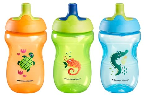 Tommee Tippee Sport Sippy Bottle, Sippy Cup for Toddlers, 12 Months+, 10oz, Spill-Proof, Bite Resistant Spout, Easy to Hold Design, Pack of 3, Orange, Green and Blue