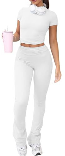 Azazaza Damen Skims Dupe Slim Fit Zweiteiliges Set Enges Kurzärmliges Oberteil und Low Rise Flare Pants Yoga Trainingsanzug Sport Lounge Set