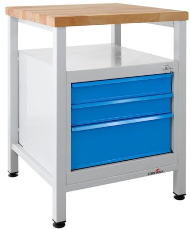Steinbock Werkbank mit 3 Schubladen und 1 Ablageboden | 300 kg Tragkraft | HxBxT 84 x 60 x 60 cm | Lichtblau | 4 cm Starke Holzplatte | stabiles Stahlgestell | Made in EU | Profi-Werktisch