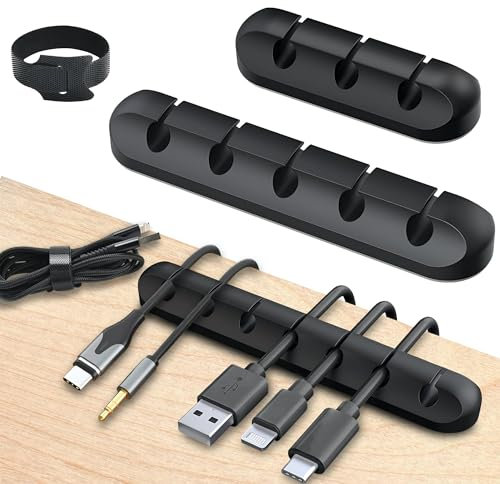 AG LogiShop Set 3 Organizador de Cables Escritorio + 10 Bridas Reutilizables | Sujeta Cables Adhesivo para Ordenar Cables en Oficinas y Hogares (Negro)