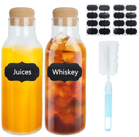 EMOIEMO 2 Pack Glass Water Bottle, 1 L Glass Bottles with Cork Lid, Reusable Fabric Softener Jars, Clear Glass Bottle for Hot & Cold Beverages,Milk Juice Wine