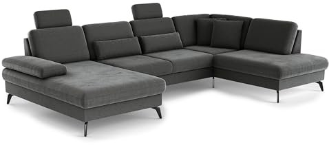 Cavadore Wohnlandschaft Moritz / Sofalandschaft mit Longchair, Bett, Bettkasten, Sitztiefenverstellung, Kopfstützen und mattschwarzen Metallfüßen / 335 x 82-107 x 212 / Mikrofaser, Grauoliv