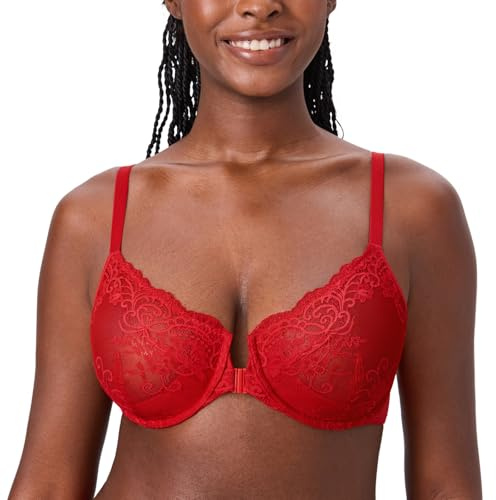 DELIMIRA Damen Spitzen BH mit Bügel Vorderverschluss | Große Brüste, Transparent, Sexy, Ungefüttert BHs