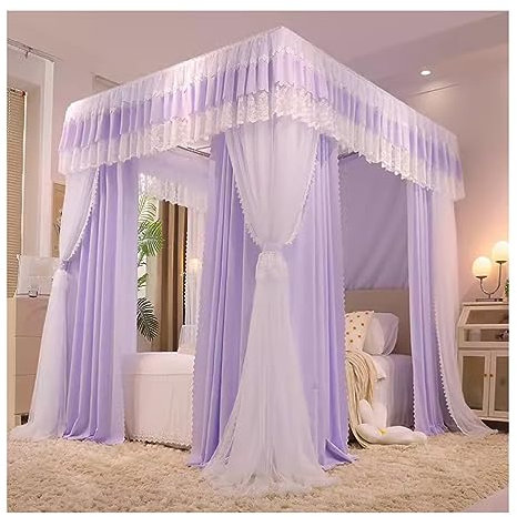 Betthimmel-Moskitonetz für Einzelbett, Doppelbett, beschattet atmungsaktive Schlafzimmerdekoration, Bettvorhang, lila weiß (Größe: 200 x 220 x 210 cm)
