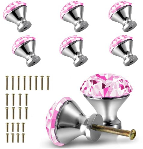30mm Kitchen Cabinet Knobs Drawer Pull Handle Hardware, Crystal Clear Pink Glass Round Diamond Shape Dresser Closet Bi-fold Door Bathroom Cupboard Desk Nightstand Bookcase Furniture Drawer Knob, 8PCS