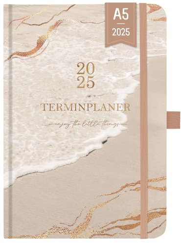 Terminplaner 2025 - Terminkalender 2025 von Januar 2025 bis Dezember 2025, Wochenplaner A5 mit Innentasche, Elastischer Verschluss, Kalender 2025 Buchkalender, 21.3 x 14.7cm - Golden