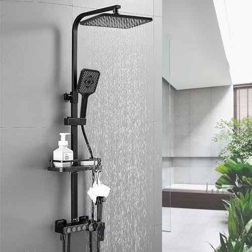 Dnkelar Duschsystem, Duschstange Höhenverstellbar, Duschset mit Mischbatterie, Duschsystem mit Regendusche, Regal und Handbrause mit 3 Strahlarten (Thermostat-LED Display-Schwarz-3)