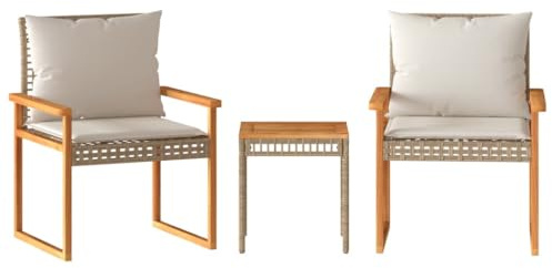 vidaXL 3-TLG. Bistro-Set mit Kissen Beige Poly Rattan Akazienholz