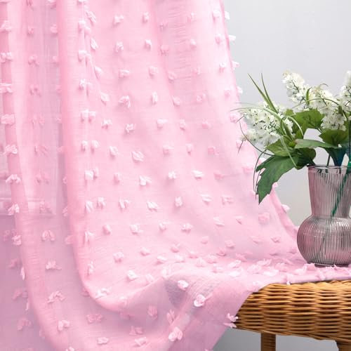 Koufall Durchscheinende Vorhänge mit rückseitigen Stangenschlaufen und Pompons, 132 x 244 cm lang, rosa