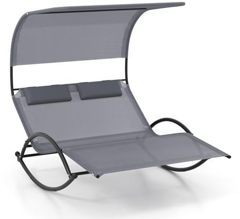 GOPLUS Sonnenliege Doppelliege, Schaukelliege mit Sonnendach & Kopfkissen, doppel Gartenliege ergonomisch bis 300kg belastbar für 2 Personen, Relaxliege Outdoor für Garten Hof Terrasse Pool (Grau)
