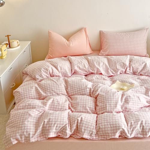 Nayoroom Bettwäsche 220x240 Rosa Weiß Kariert Landhausstil Style Bettbezug 3teilig Karo Geometrische Muster Gewaschene Mikrofaser Renforce Bettwäsche-Sets mit Reißverschluss und 2 Kissenbezüge 80x80