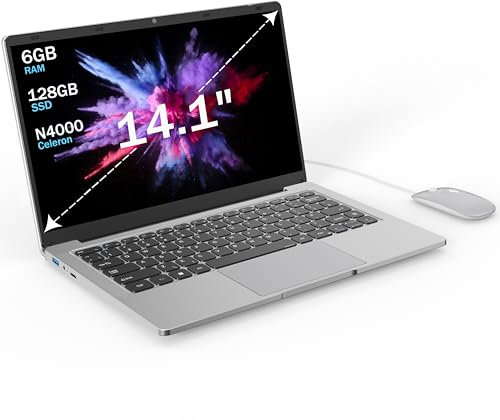 Laptop Computer Celeron N4000 Dual Core,14 inch laptop 6GB RAM 128GB SSD,Supports 2.4G/5G WiFi,Fan-less design Portable Laptop,W 11pro,Bluetooth 5.0,USB 3.0 ports,Mini-HDMI,Ethernet Adapter