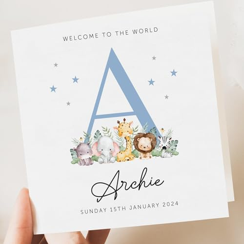 Artsy Gift Co - Personalised Baby Boy Card – Initial Safari Themed Custom Newborn Baby Greeting Card with Name & Birth Date – Perfect for New Parents, Grandparents Welcome to the World