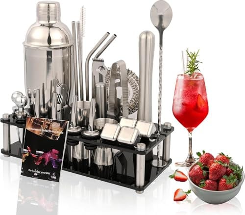 Cocktail Shaker Set,750 ML Stainless Steel Cocktail Mixing Set with Acrylic Stand, Bartending Kit for Home, Bar, 26 Pieces Bar Tool Kit for Christmas, Birthday,Anniversary, Weeding