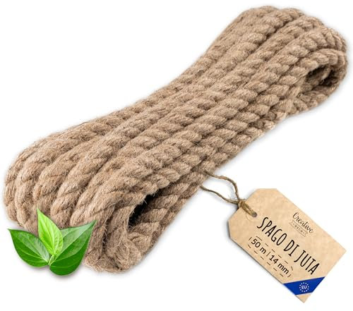 Creative Deco Corda di Iuta 50m (Personalizzazione Possibile ogni 5 m) | Spessore 14mm | Spago Durevole | Corda Juta Intrecciata Marrone Naturale | Spago Fai da Te, Giardinaggio, Tiragraffi per Gatti
