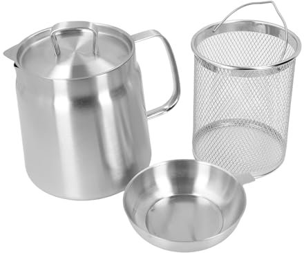 Strainer Pot Fryer, 304 Stainless Steel Oil Filter Pot with Strainer & Deep Fryer Basket for Kitchen, Multi-function Frying Net Tank Grease Container (1.5L)