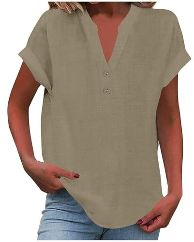 Women's Summer Cotton Linen Cap Sleeve T-Shirt Button Down V-Neck Loose Tunic Tops Fashionable Baggy Solid Color Plain Casual Shirts Trendy Lounge Blouses