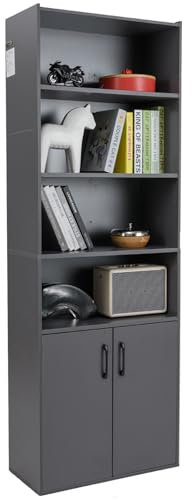 SFAREST 6-Tier Wooden Bookcase, Free Standing Display Unit and Organizer Cabinet with 2 Doors & 6 Storage Cupboard, Modern Tall Bookshelf for Living Room Study Office Bedroom (Grey, 62 x 30 x 178 cm)