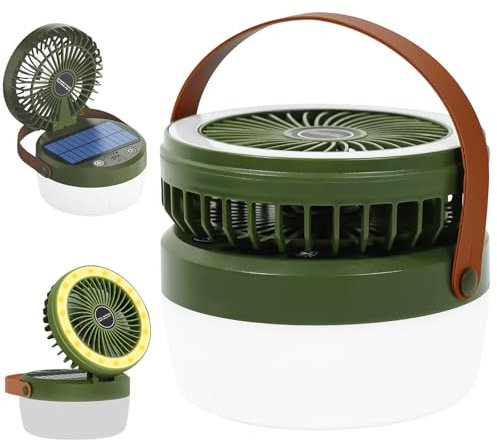 Robofun Lampada da Campeggio Ricaricabile, Lanterna Campeggio Solare Esterno con Ventola, 4 Modalità di illuminazione, 3 velocità del vento per Campeggio, Pesca, Attrezzatura di Emergenza per Blackout