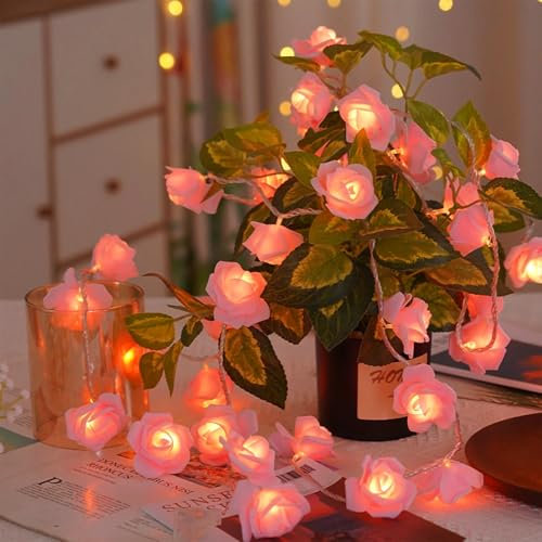 Rose Flower Fairy String Lights - 3 M 20 LED String Lights - Artificial Battery Powered Garland Light - Fairy Light for Valentine's Day Wedding Mother's Day Girl Home Indoor Outdoor Decorations (Pink)