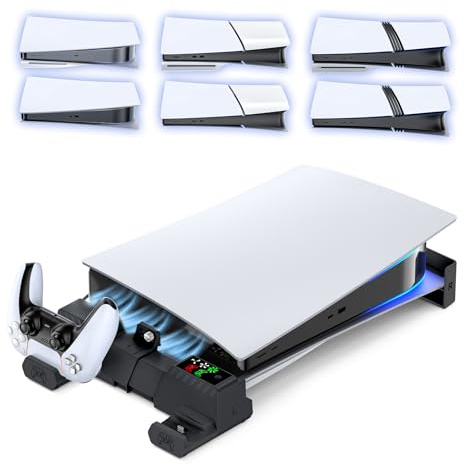 PS5 Horizontaler Ständer kompatibel mit PS5/Slim/Pro, PS5 Lüfter und PS5 Ladestation für Original & Edge Controller, erweiterbar PS5 Horizontal Stand für alle PS5 Disc & Digital, PS5 Zubehör Schwarz